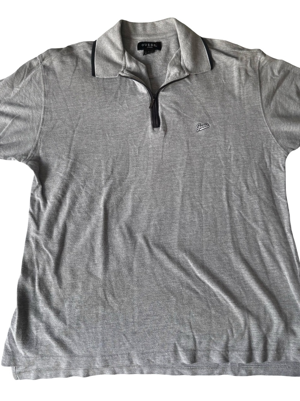 VTG GUESS Men's Gray Solid Knit Zip Neck Short Sleeve Polo Shirt Size L